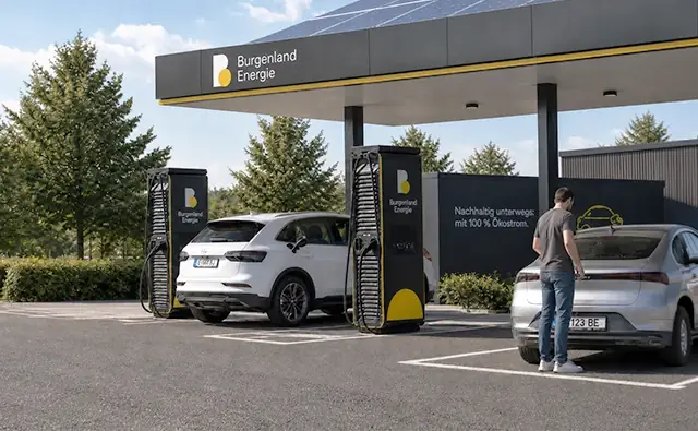 Elektroautos laden an einer Burgenland Energie-Ladestation unter einem Dach mit Solarpaneelen. Bild steht für Elektromobilität, erneuerbare Energie und nachhaltige Ladeinfrastruktur.