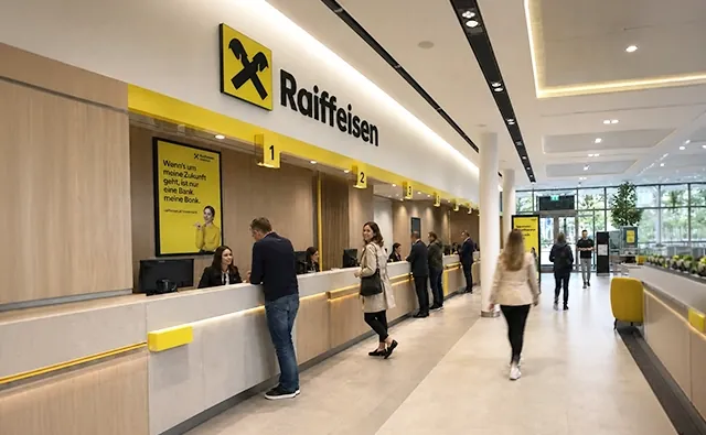 Raiffeisen-Bankfiliale mit Service-Schaltern, Mitarbeitenden und Kundinnen und Kunden im modernen Innenraum. Bild steht für Bankberatung, Kundennähe und nutzerorientierte Finanzservices.